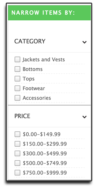Volusion Product Filters By Category and Price
